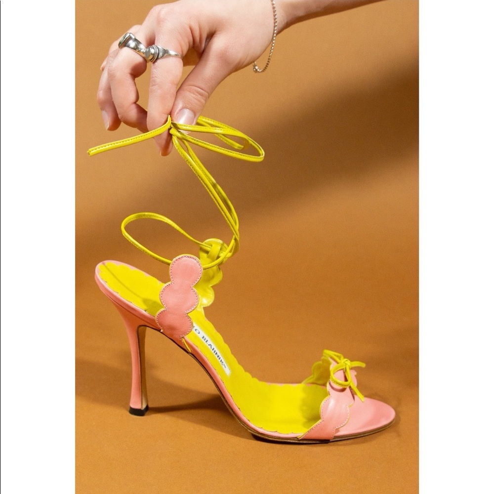 Bubblegum pink and yellow leather scalloped strappy sandals.